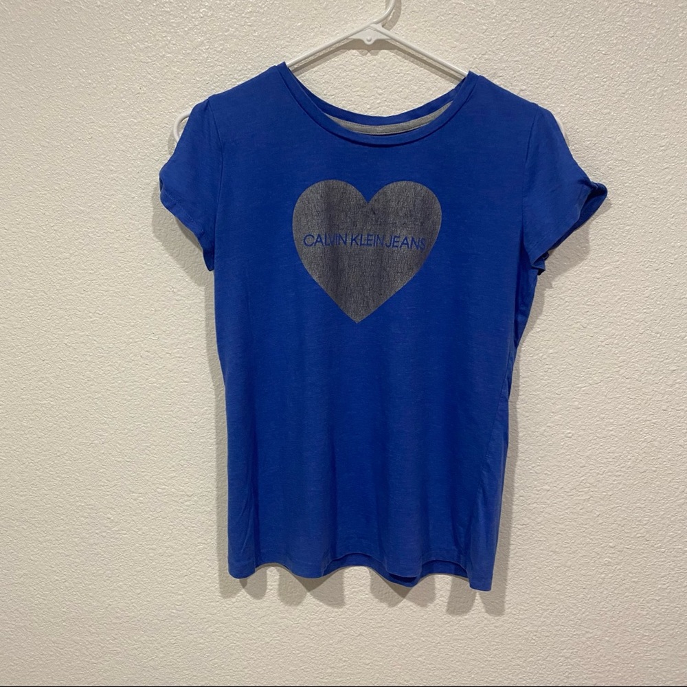 Kids Calvin Klein Girls Blue Gray Heart Logo Short Sleeve T-Shirt 13/14